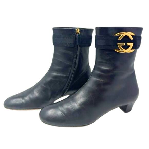 Gucci GG Logo Interlocking Monogram Black Leather High Heels Mid-Calf Boots 37.5 - Picture 11 of 11